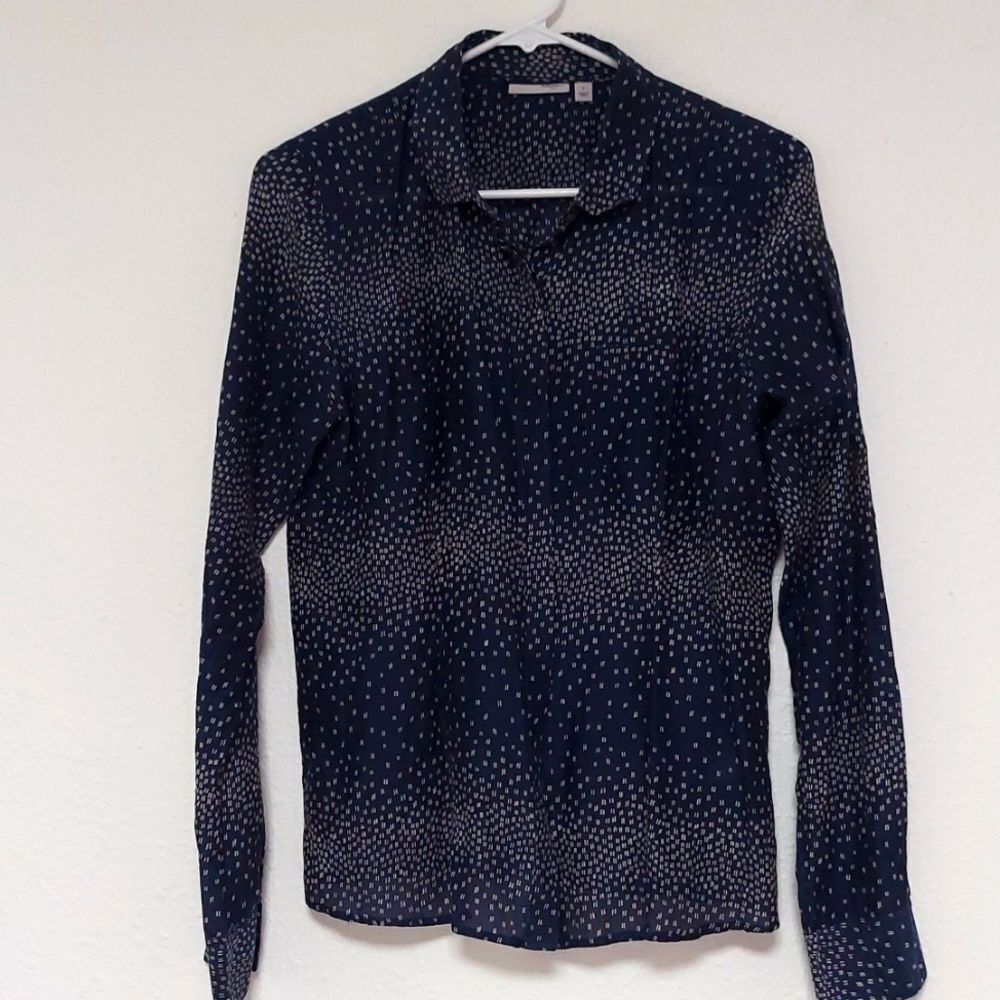 Silk & Cotton Blue Abstract Semi-Sheer Button Up Blouse Size Small